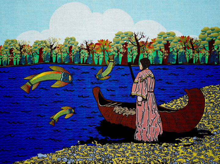 native american woman fishing boat canoe