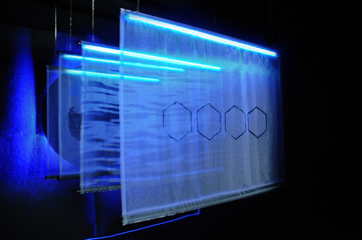 installation mixed media Electronics leds cosmology Metaphysics Arduino sound art fourth dimension Screenprinting Fabric Art immersive Grad Show 2014