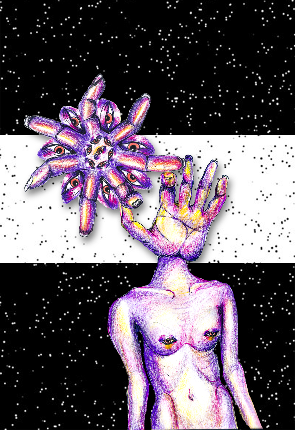 alien cosmic UFO surrealism art colored pencils FIDM sketch synesthesia feeling mood depth Space  line color