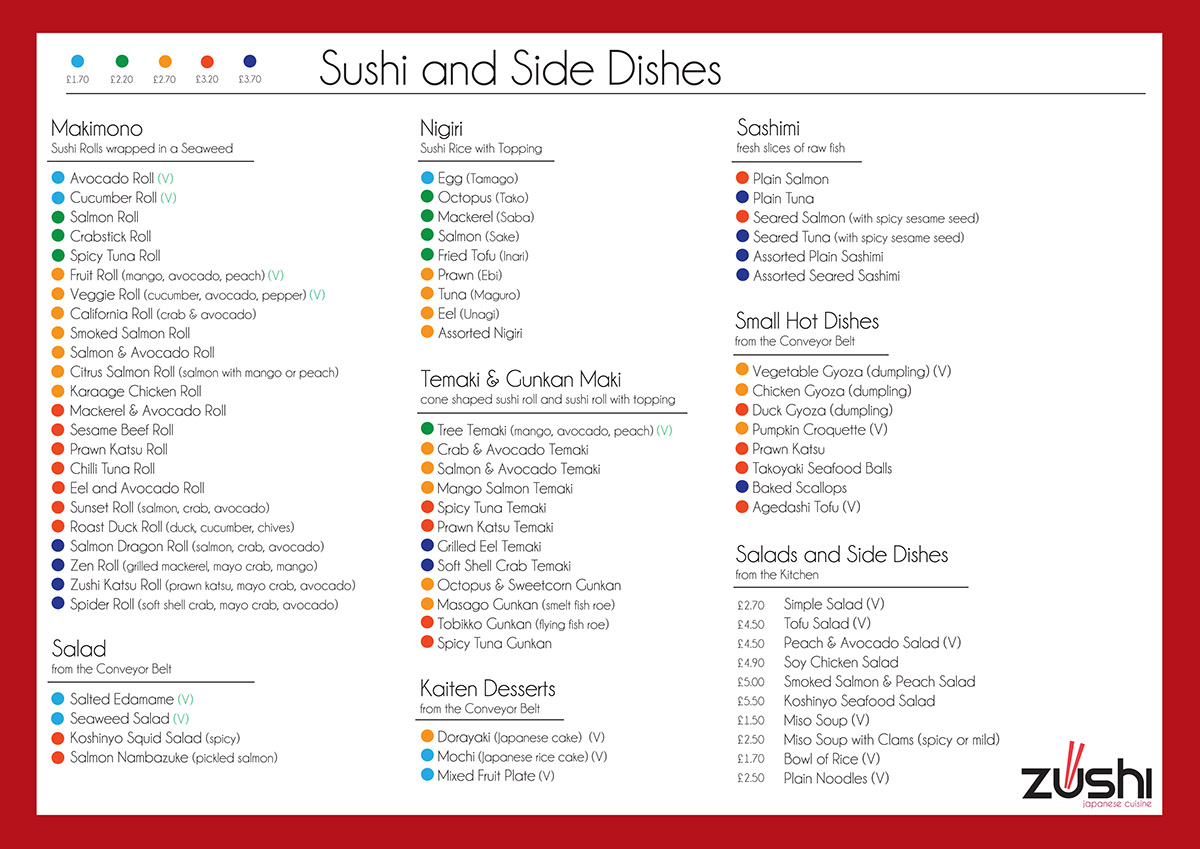 Zushi Sushi rebranding logo menu flyer poster