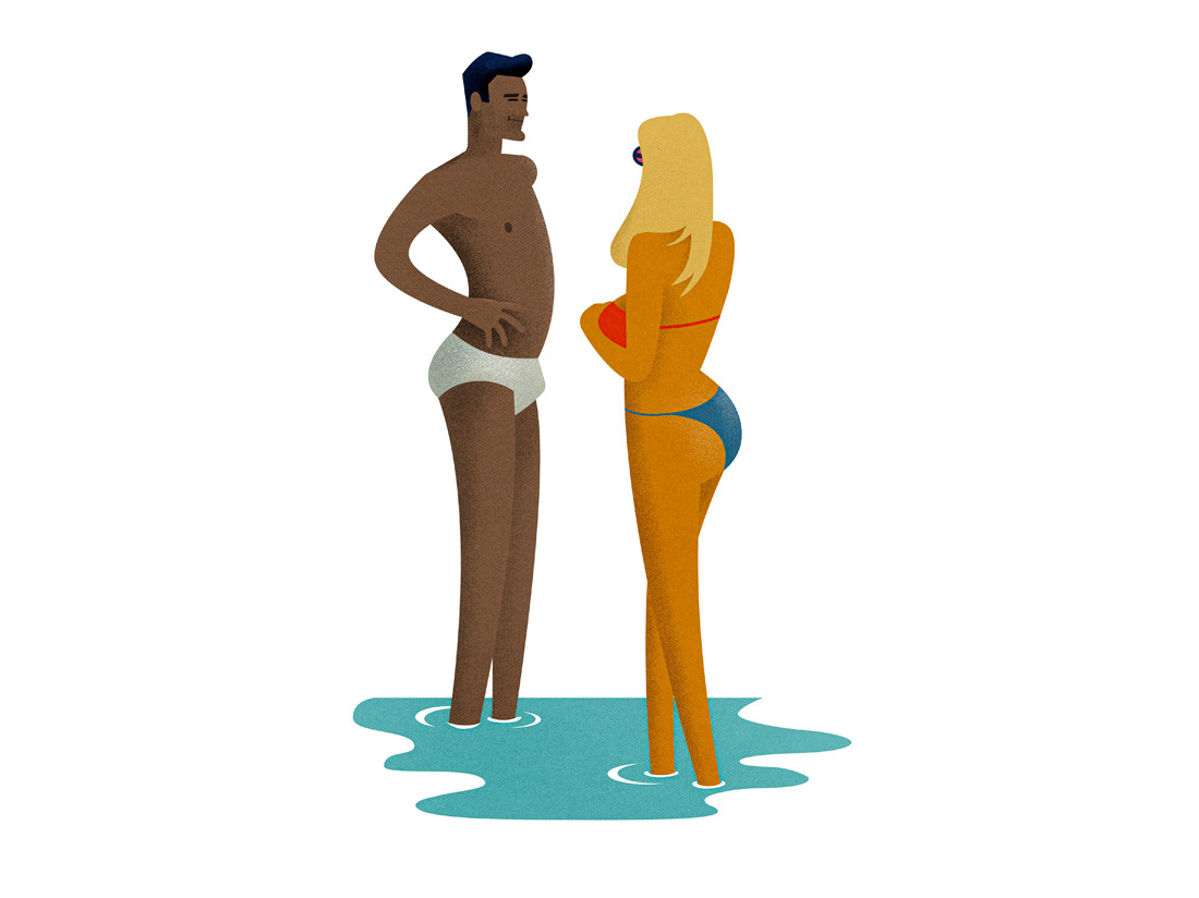 ILLUSTRATION  Holiday beach sunbathing cartoon people stylized character girls boys Fun