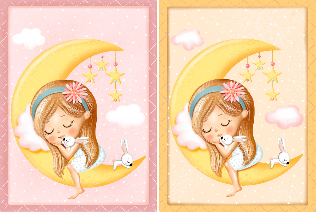 baby bunny children illustration cute cute girl little girl moon rabbit stars