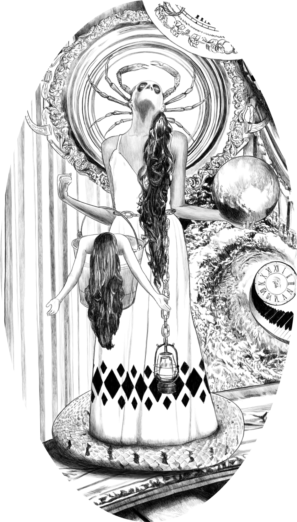 Drawing  surrealism black and white mythology religion ninfa Justice alberto matsumura hipersurrealística universe