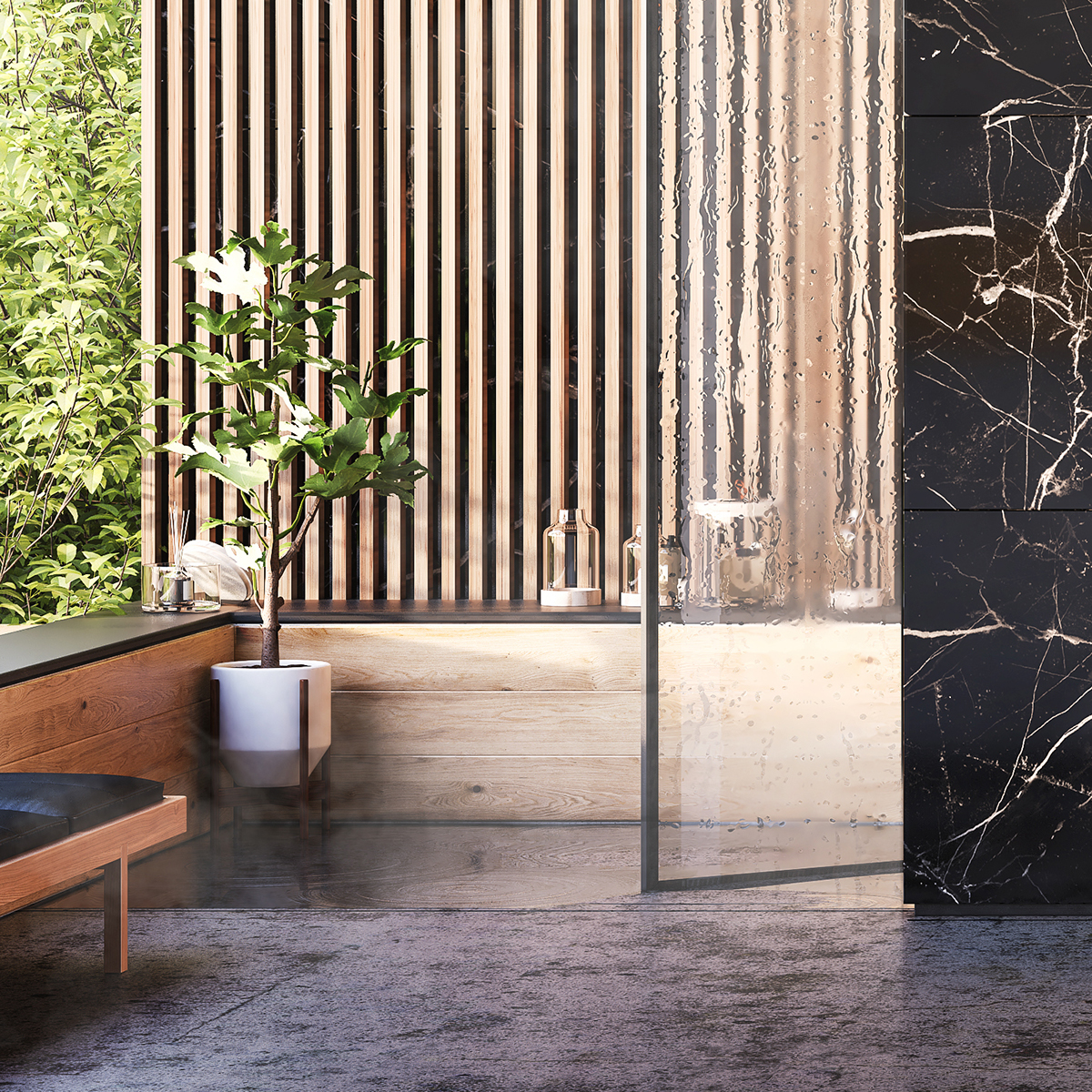 Ambient Marble wood SHOWER Render Interior concrete luxury architecture