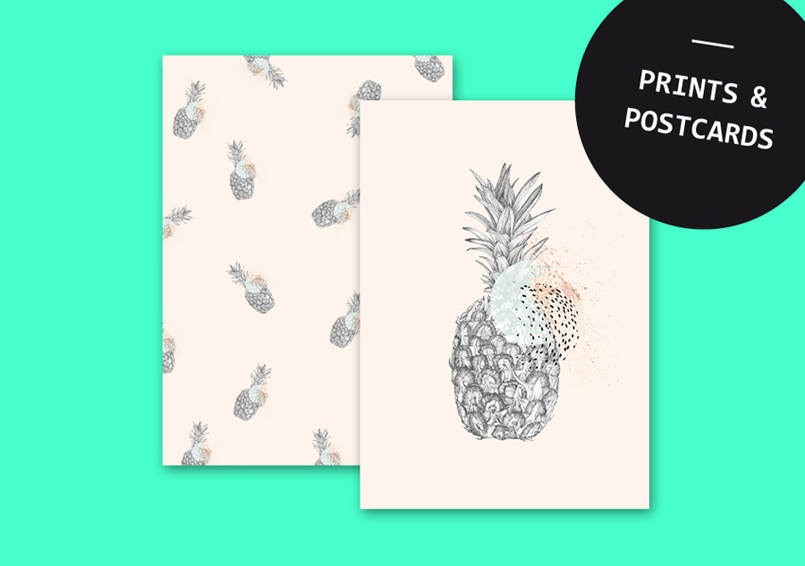 ananas graphic pattern poster print Fruit sketch pencil lines FINEART mint summer dots handdrawn