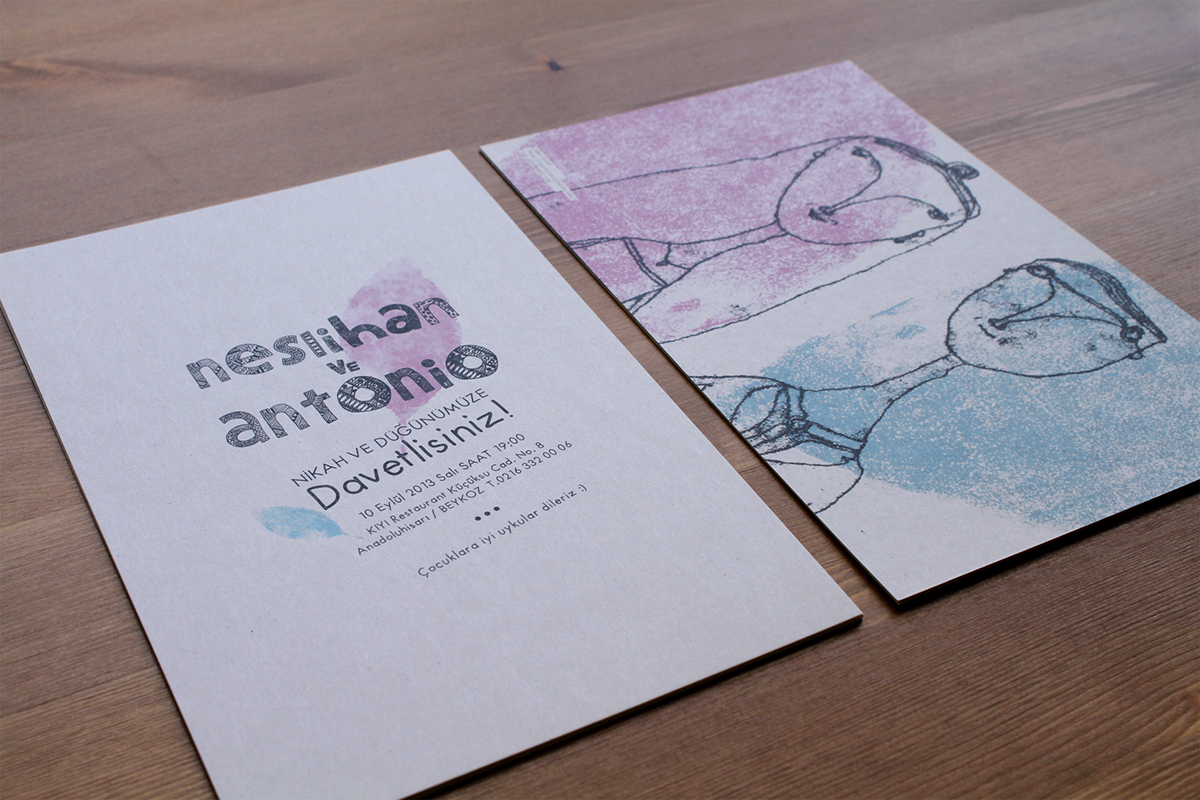 wedding Invitation print Mono groom bride card leaf pink blue design letter hand-made handmade
