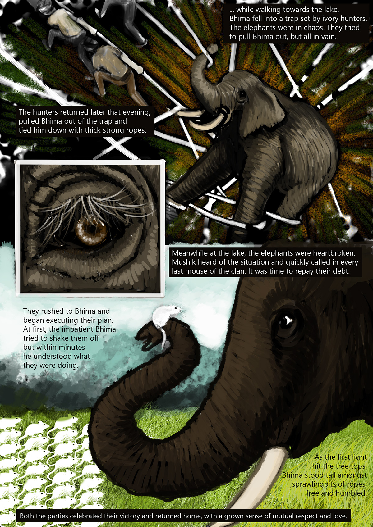 graphic novella storyboarding   visual storytelling panchatantra digital painting elephants mouse moral building gratitude