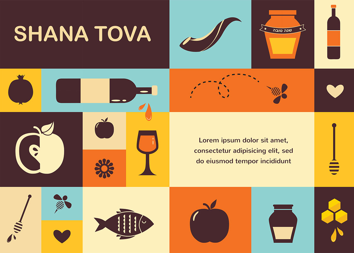 new year jewish religion honey apple Holiday judaism Shana Tova symbol set card hebrew rosh hashana wine celebration