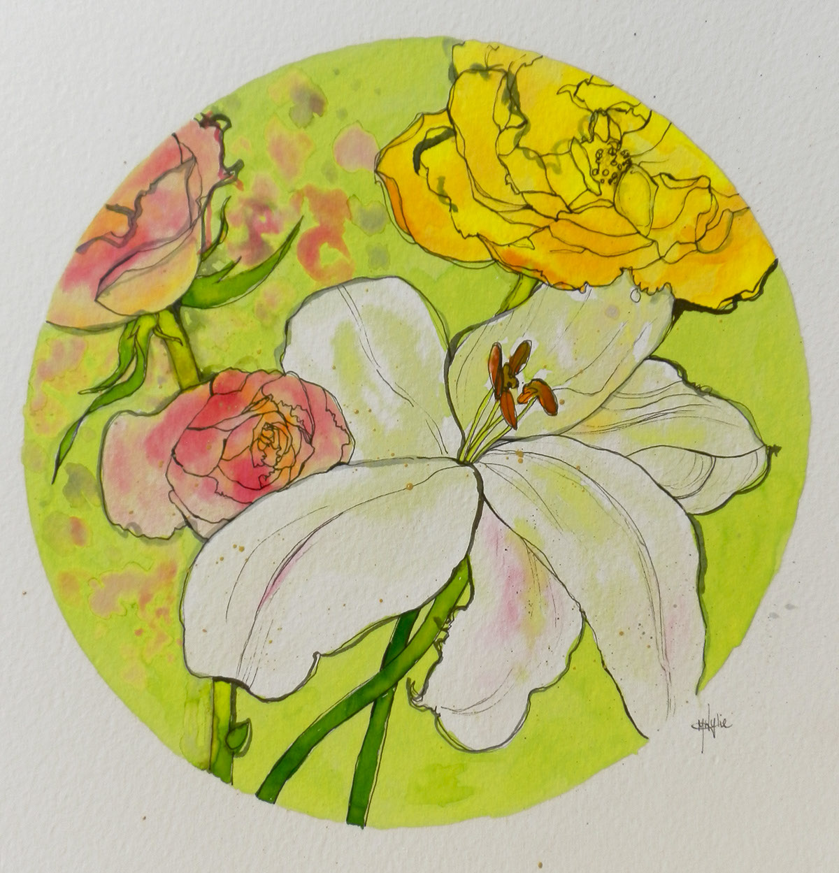 flower  roses   lily  orchids watercolour  ink  gold leaf