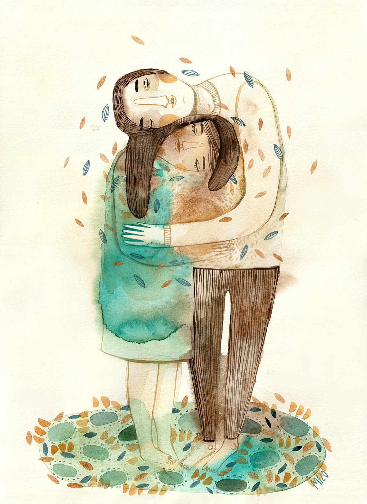 couple friendship holding hug Love painting   plants Tender time watercolour