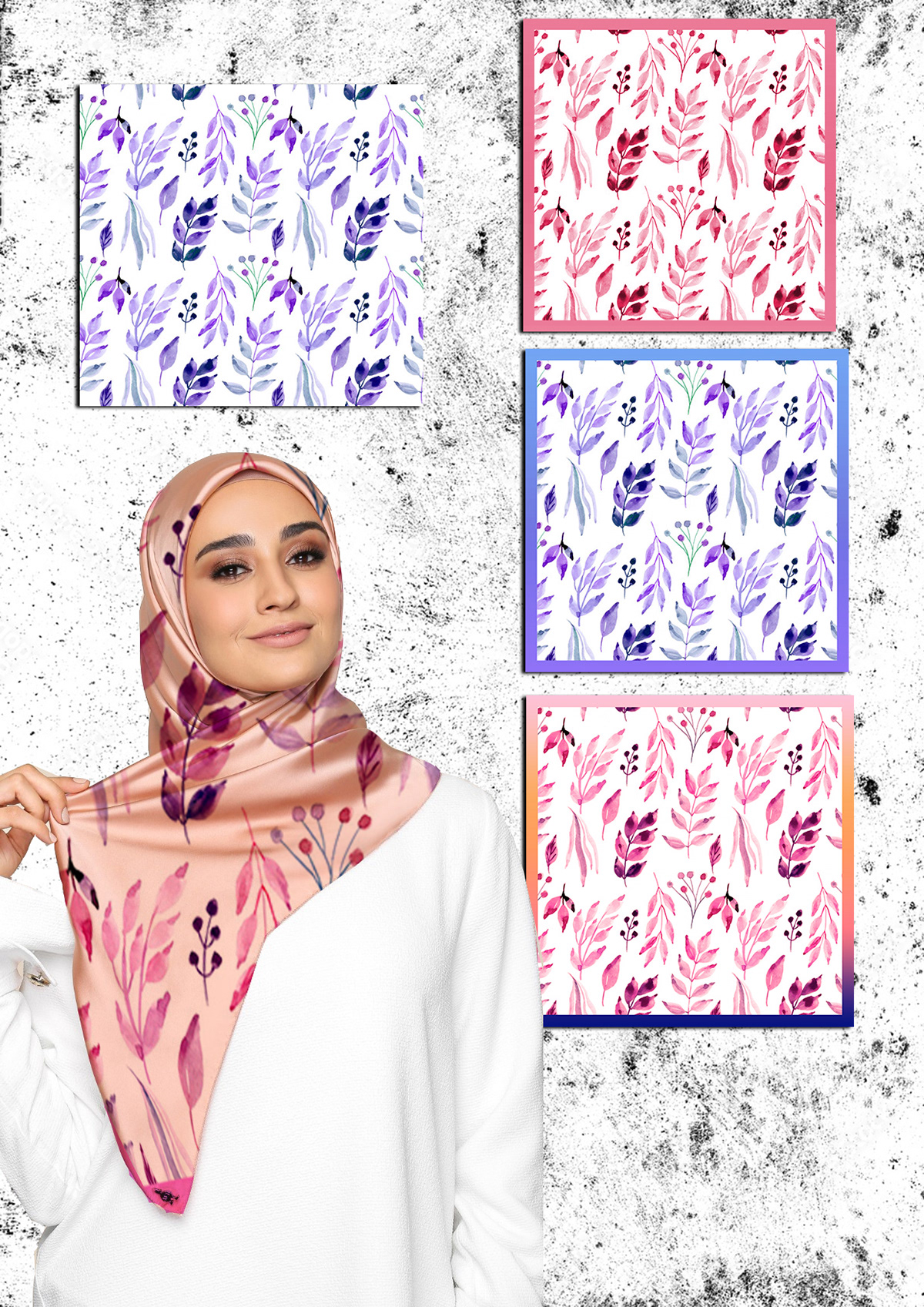 scarves scarf design floral watercolor painting   Drawing  Digital Scarf Silk Pink and brown flowers vintage flower hijab