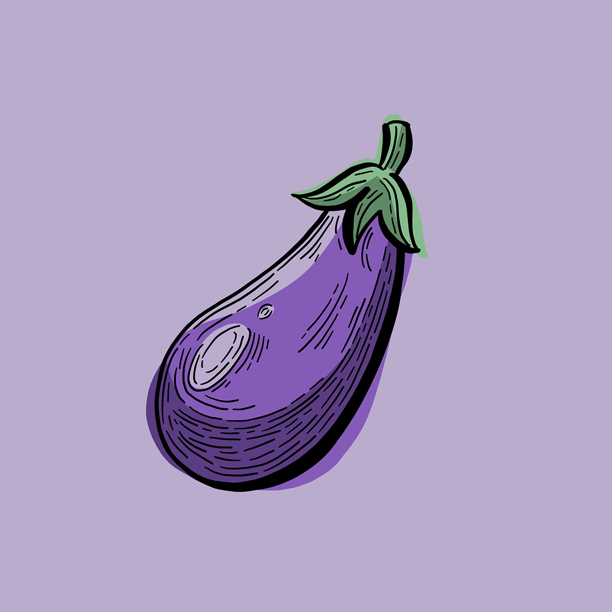 Illustration of a large eggplant drawn in a wood cut style.