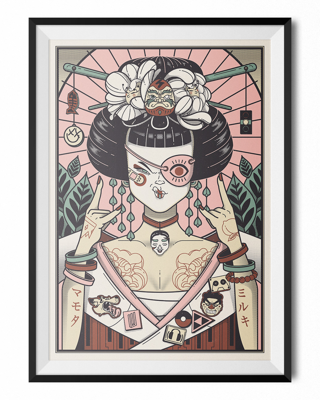 geisha poster pins leaf flower Princess peach masks patch pattern