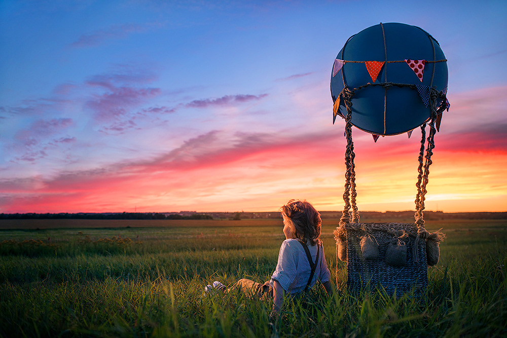 boy balloon Aviator journey adventure trip sunset