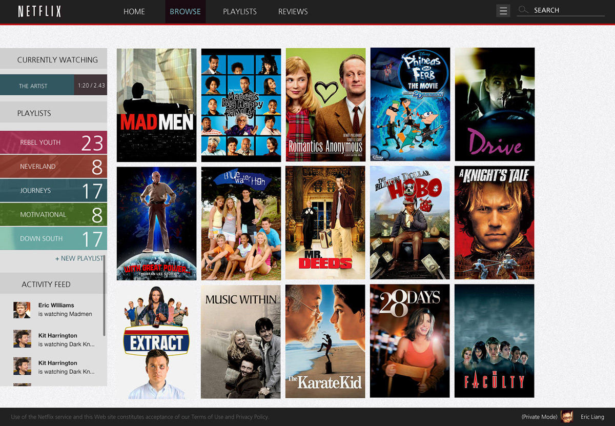 Netflix Website infographic blue black dark Rebrand brand student playlists browse