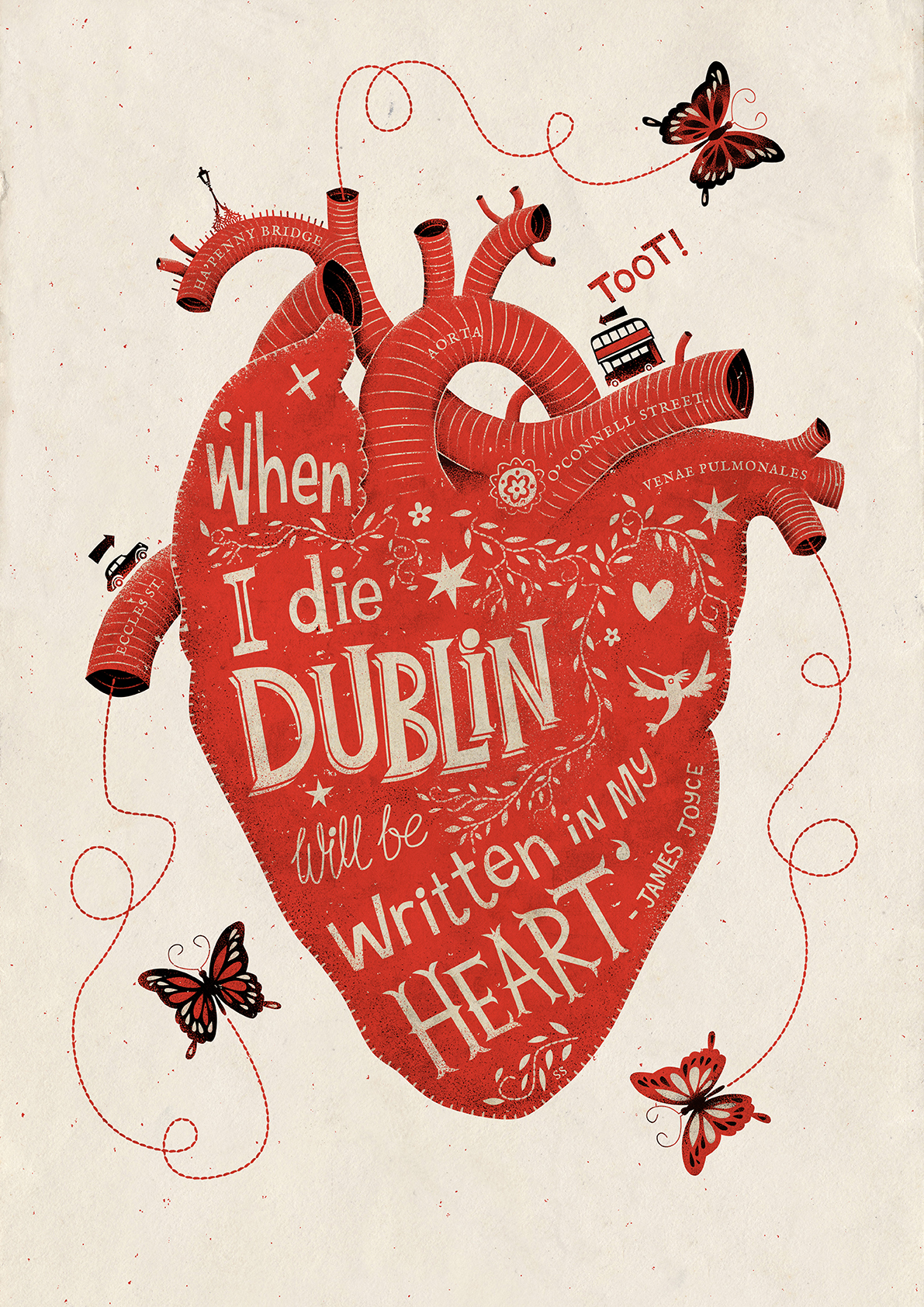 Damn Fine Dublin illustrated irish james joyce literary quote HAND LETTERING hand drawn text butterfly heart organ bus screen print die