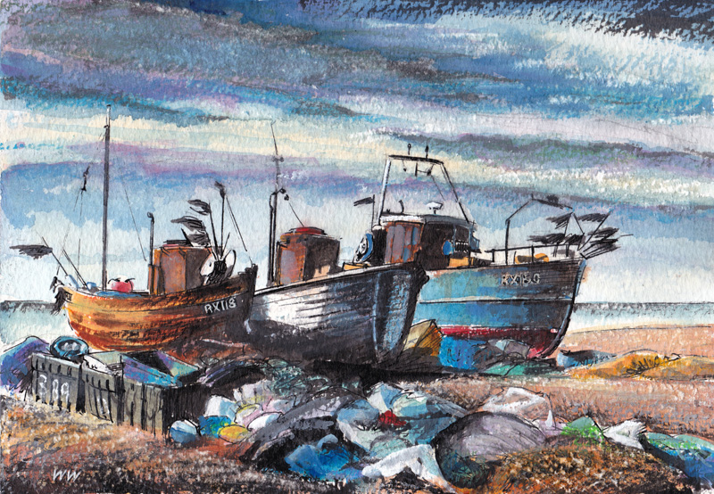 fishing boats hastings barn sketches Watercolours Pastels pen and ink fishermen The Stade