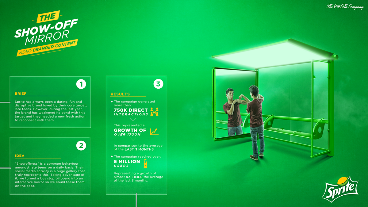 Sprite Coca Cola green refresh Advertising  OOH branded content SHOW OFF billboard mirror
