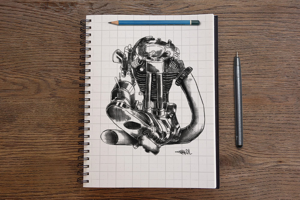 machine triumph norton motorcycle sketchbook pencils ink designforsale skull