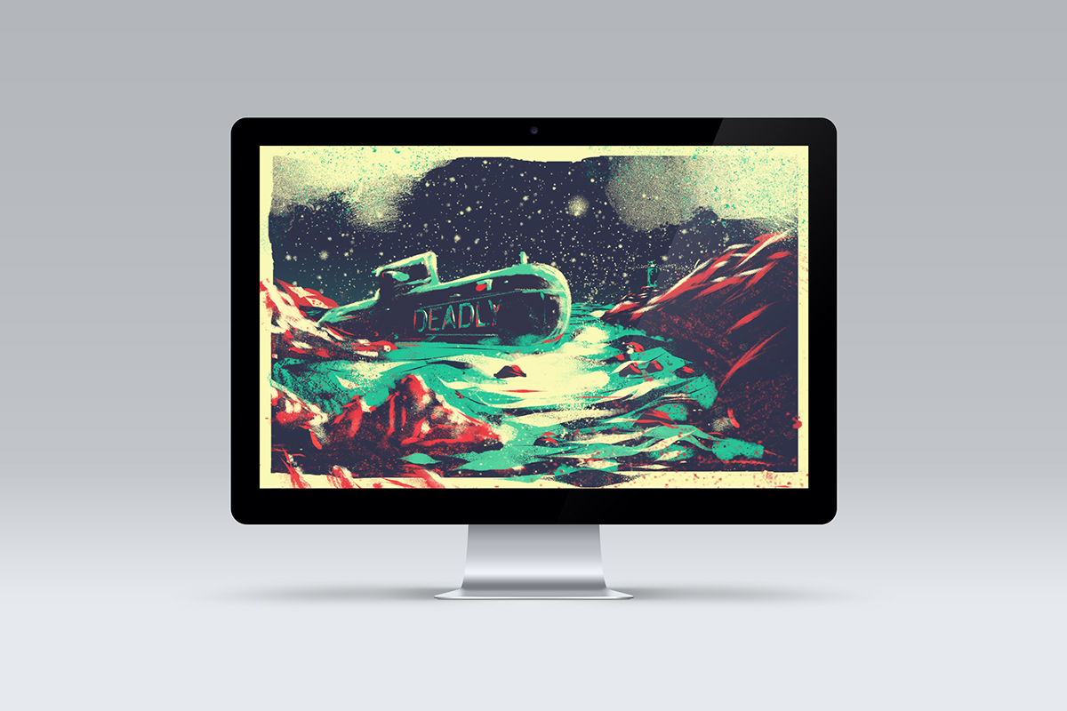 artwork band design submarine wreck tablet font type paint brush vivid graphics beach sea vinyl