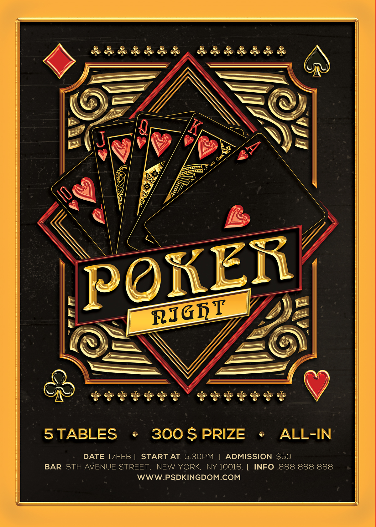 Poker flyer Black Jack template leaflet poster ad brown yello gold golden chip casino gamblink green