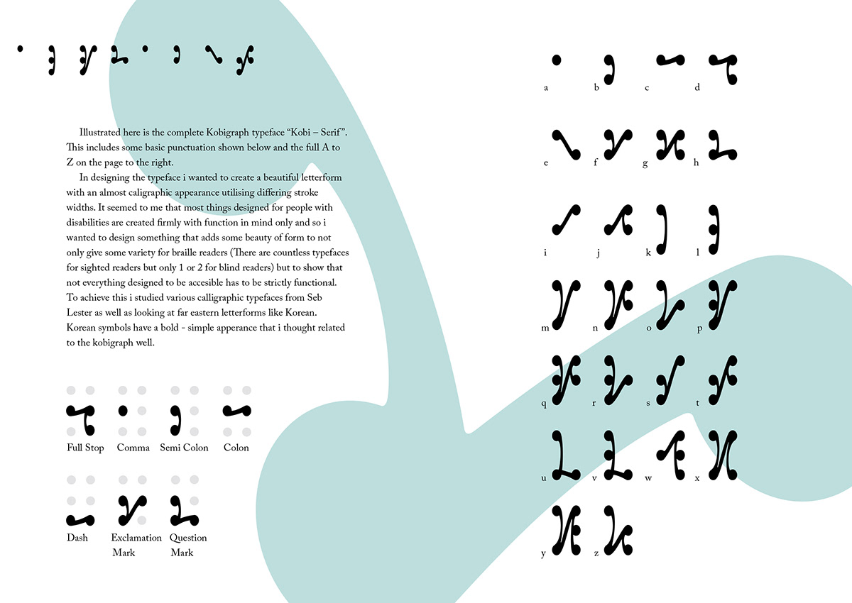 type specimen Braille Kobigraph letterforms letters design uni tactile dots creative alternative accessible graphics cambridge