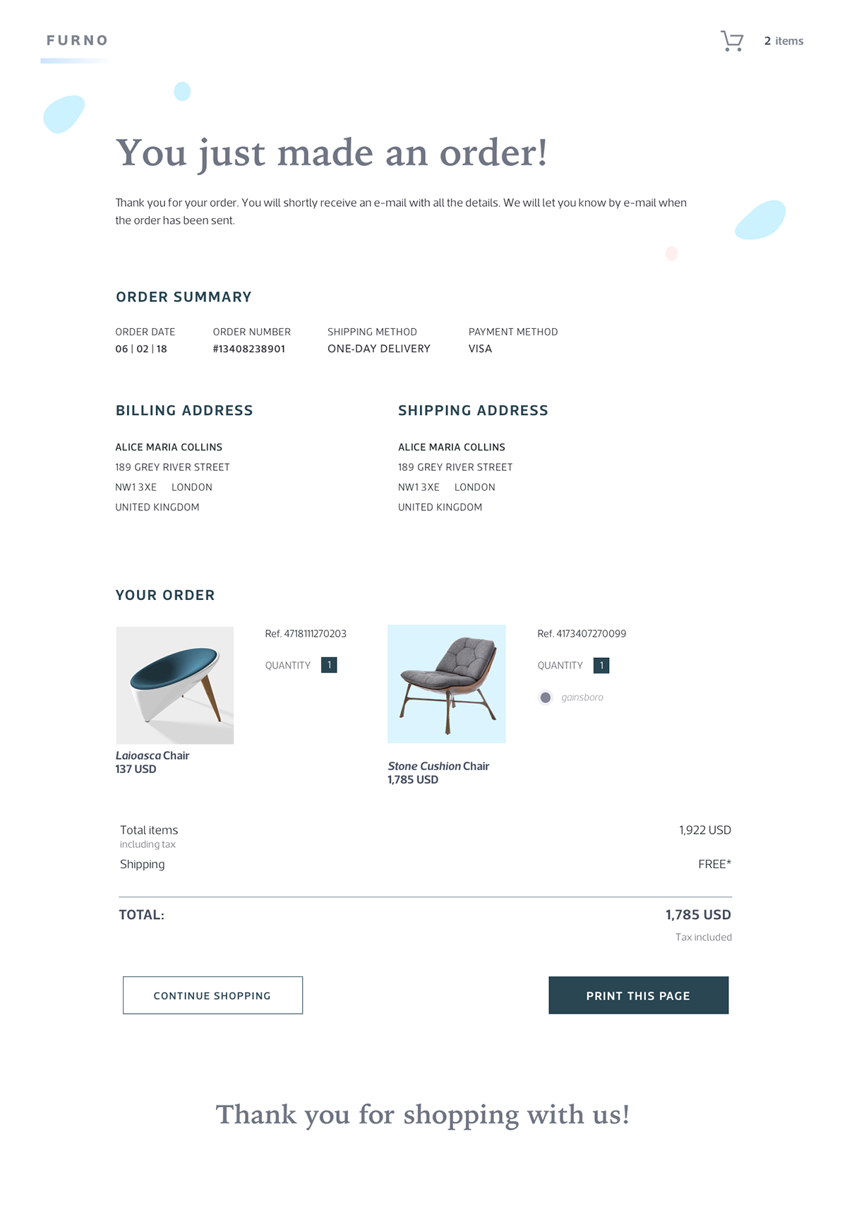 Ecommerce shop furniture Web UI/UX furno desktop pastel cart