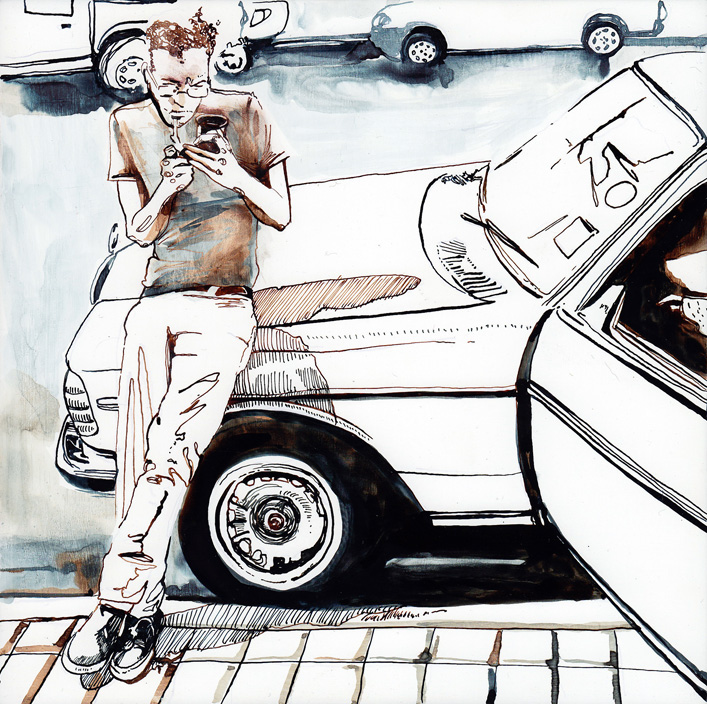 the park picnic Street city car Lady ink watercolour BMW Old car thought relation
