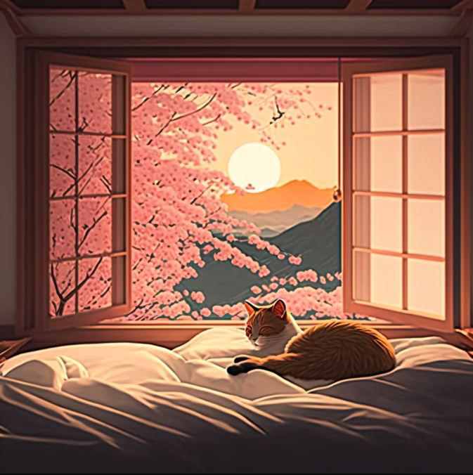 Cat Cherry Blossom colour japanese portray