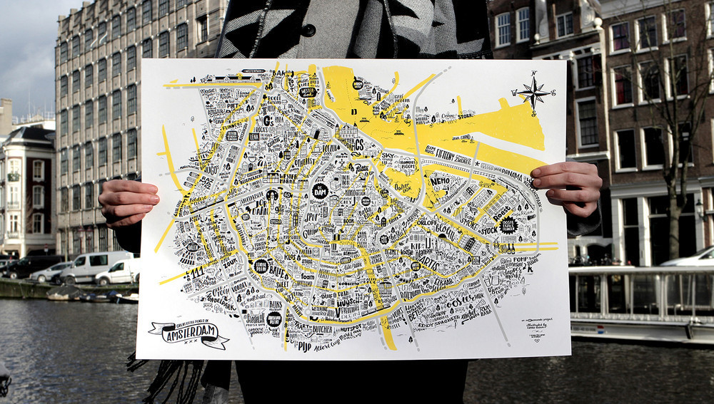 illustrated map map amsterdam Handlettering HAND LETTERING Great Places black white yellow screen print Riso poster