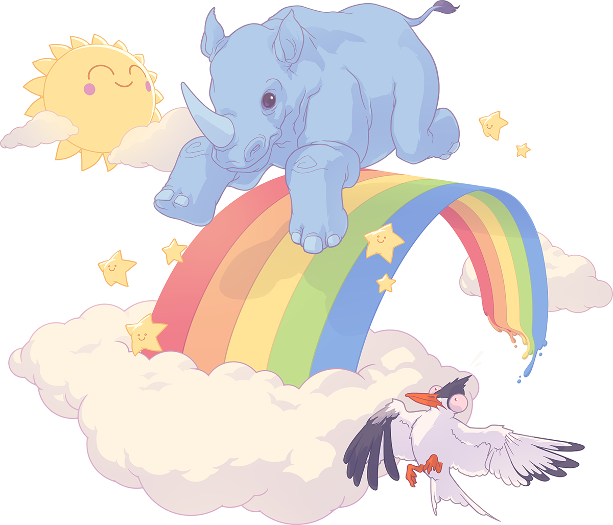 Rhinoceros Rhino unicorn unicorns cute rainbow bird stars Sun cartoon