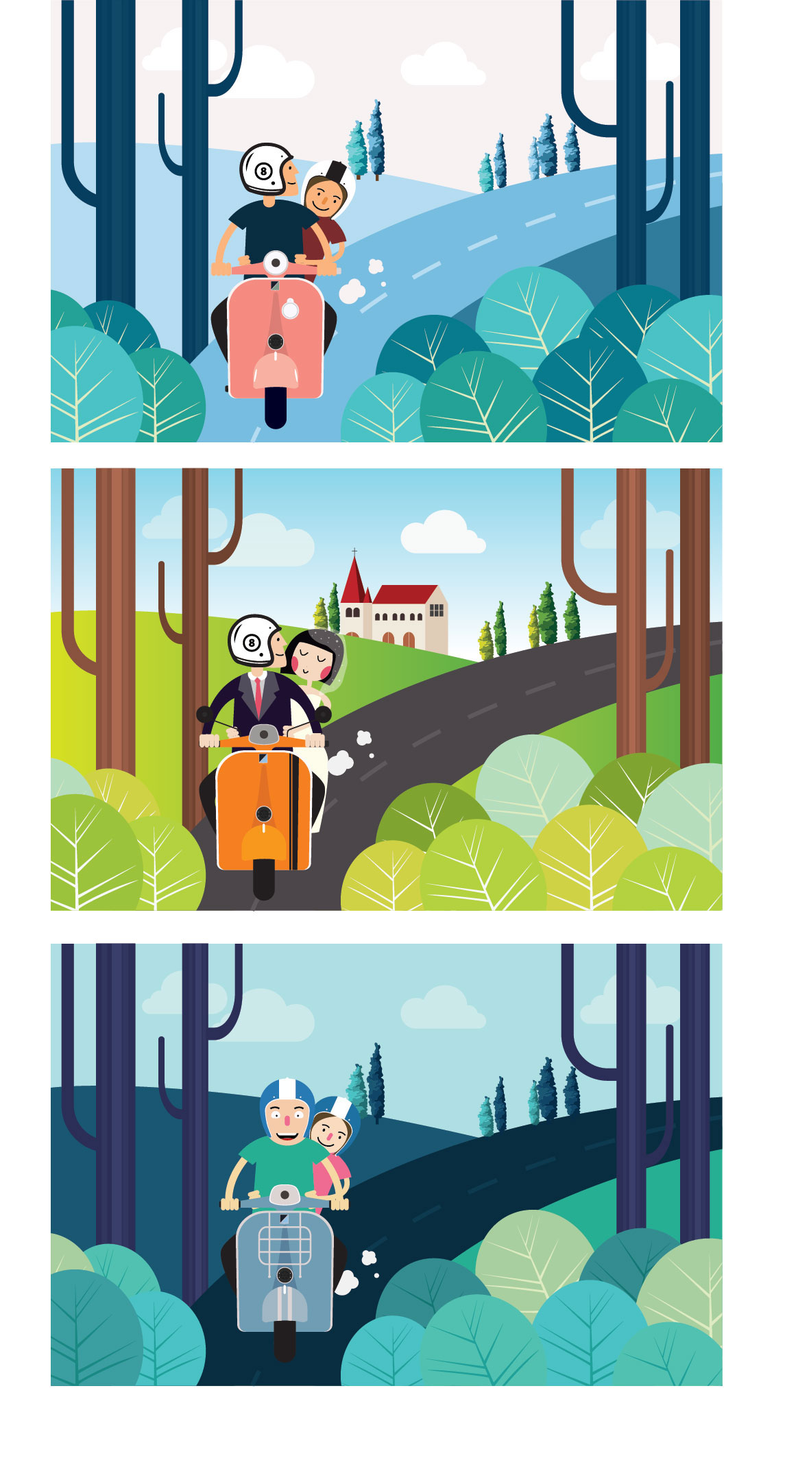 vespa Scooter romantic background Landscape vector game people Character wedding couple Love Fun picnic driver