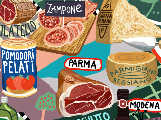 illustrated map country Italy Food  delicatessen Cheese gastronomy