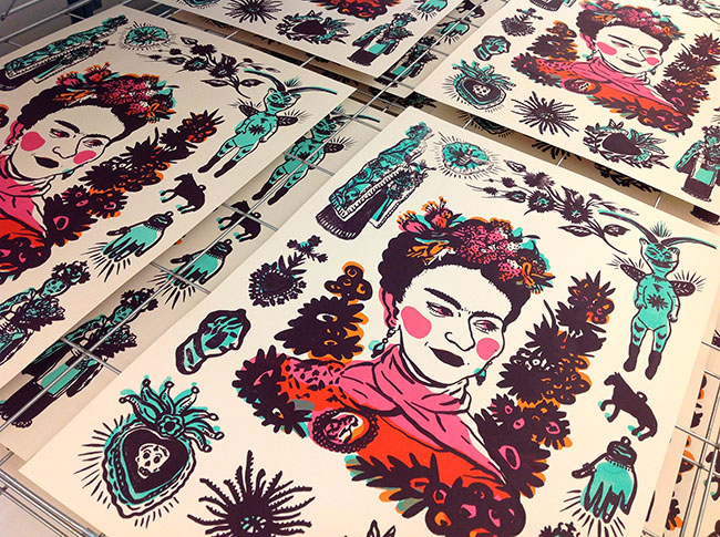 Frida Kahlo silkscreen printmaking ex-voto portrait woman artist death skull Poster Design pink