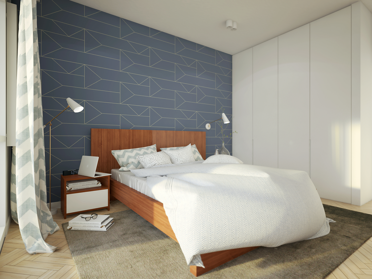 design Interior warszawa apartment blue White wood gold wallpaper