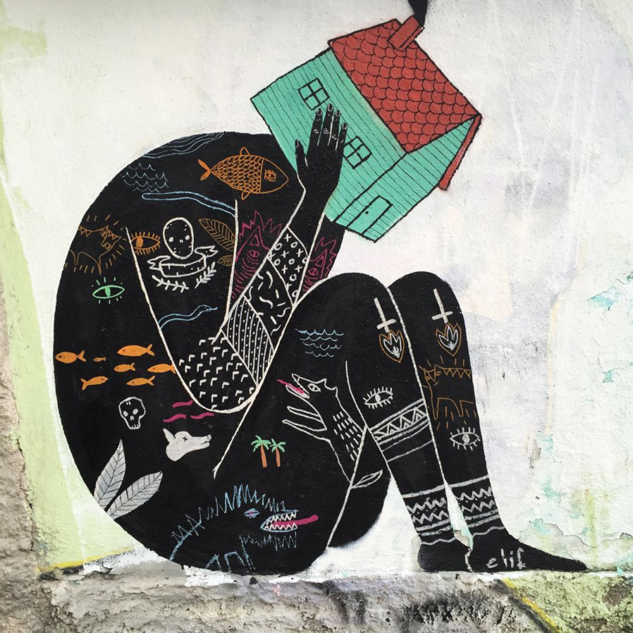 moo streetart Posca illustrations acrylic Street colours animals bird Cat house witch roar
