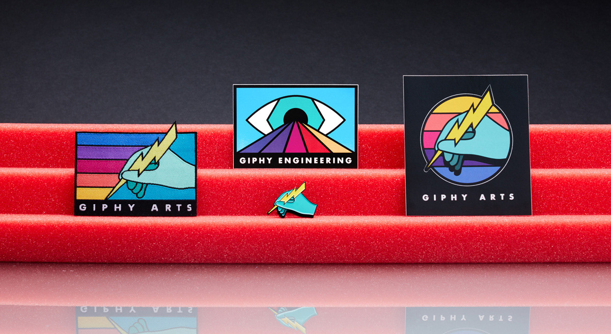 Assorted patches, stickers and enamel pins for GIPHY Arts & Engineering