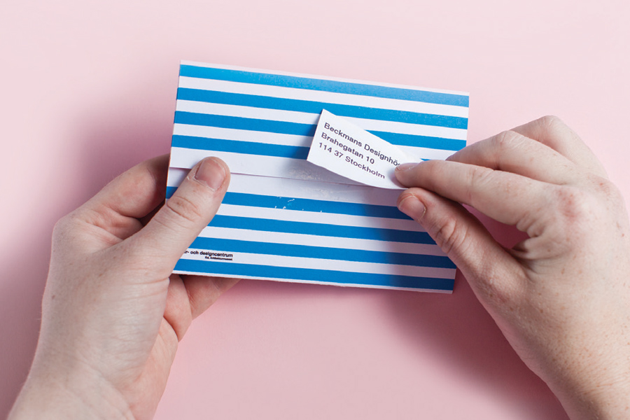Adobe Portfolio Jean Paul Gaultier beckmans arbetsprover application Exhibition  poster Invitation card fold madonna stripes blue pink paper Fashion World