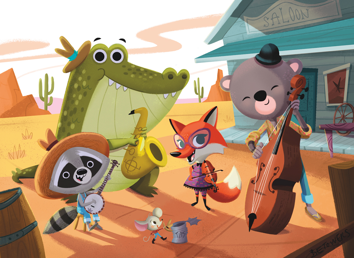 band musicians animals childrens kids vintage western Banjo saxo cocodrile raccoon FOX bear mouse