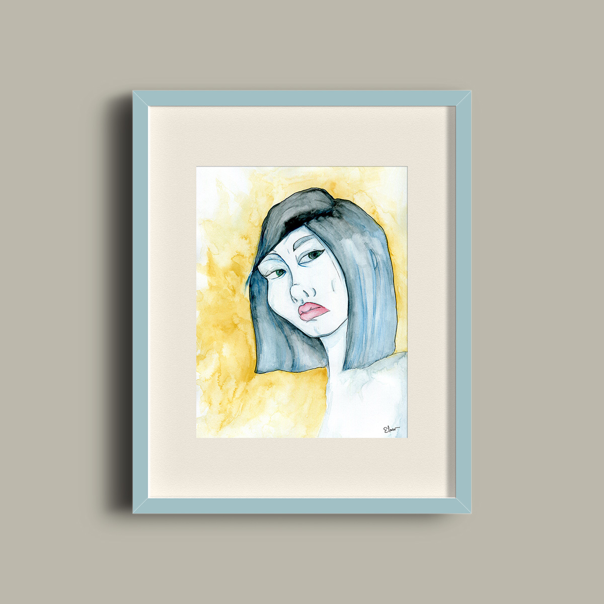watercolor ink graphic woman portrait face mixedmedia