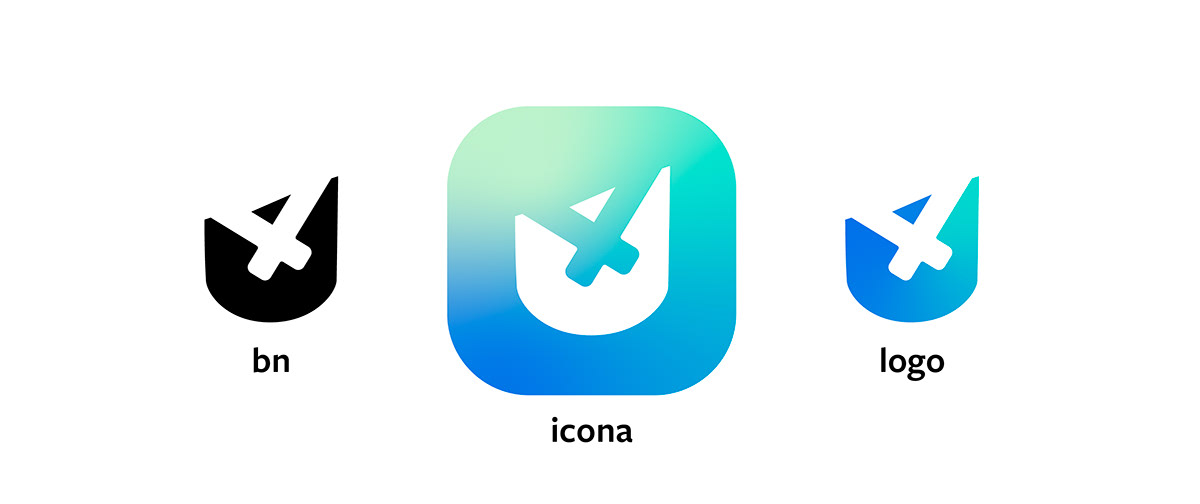 The presentation of the three aspects of the logotype, the black and white, the App icon and logo