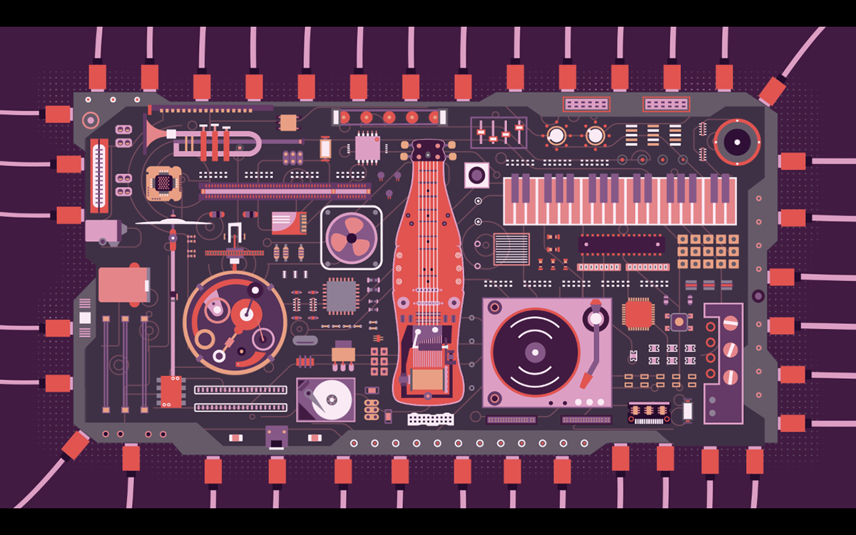 Coca-Cola Music Instruments circuit board mechanism jazz purple orange Contour Bottel vector MYMASHUPCOKE Glassfin 2d Illustration after effects coke