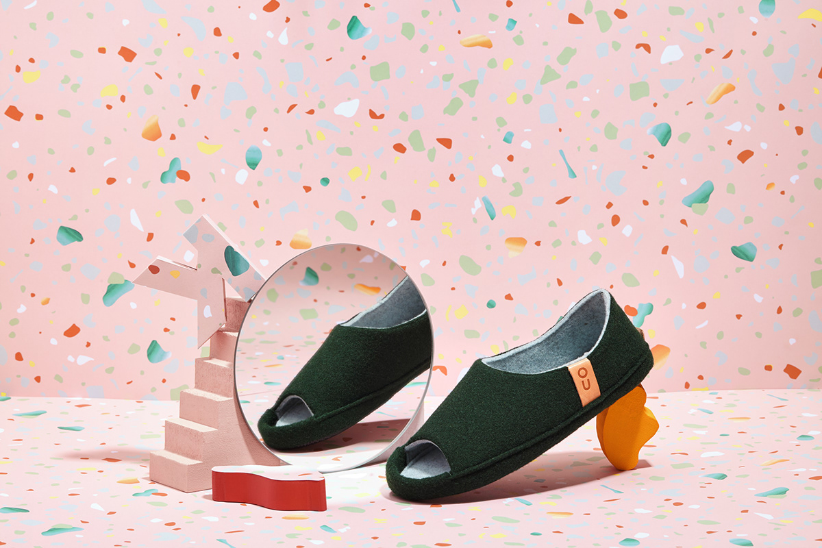 Terrazzo pattern design  set design  shoes Studio Photography Estonia graphic design  Quality forest slippers
