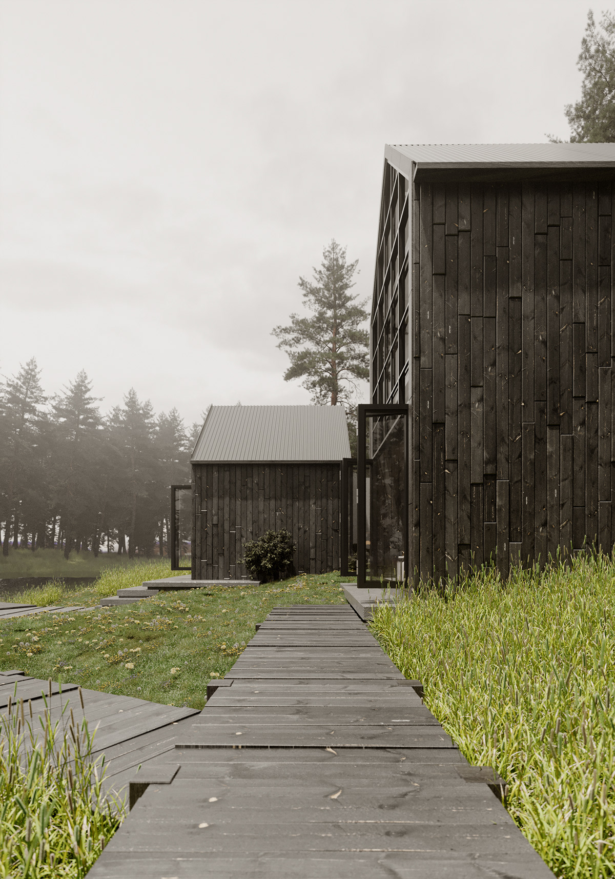 lake house cabin exterior architecture Interior visualization modern 3D corona