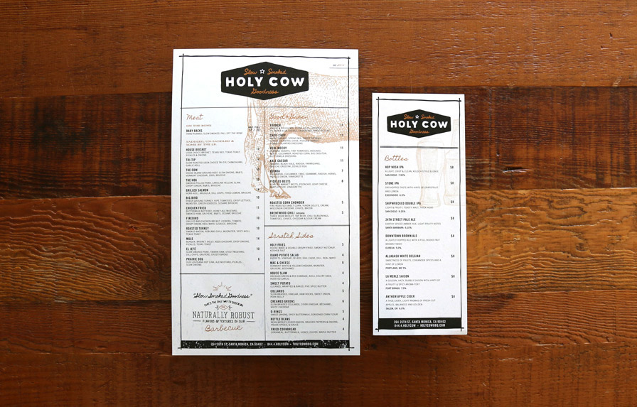 restaurant menu car wrap script logo hand type environmental graphics Website food design BBQ bar country barbecue farm design holy cow
