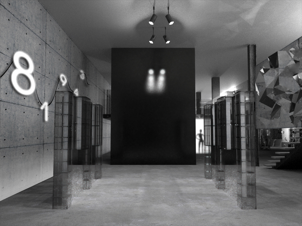 Interior design minimal showroom concrete glass furniture modern steel Moscow sculpture