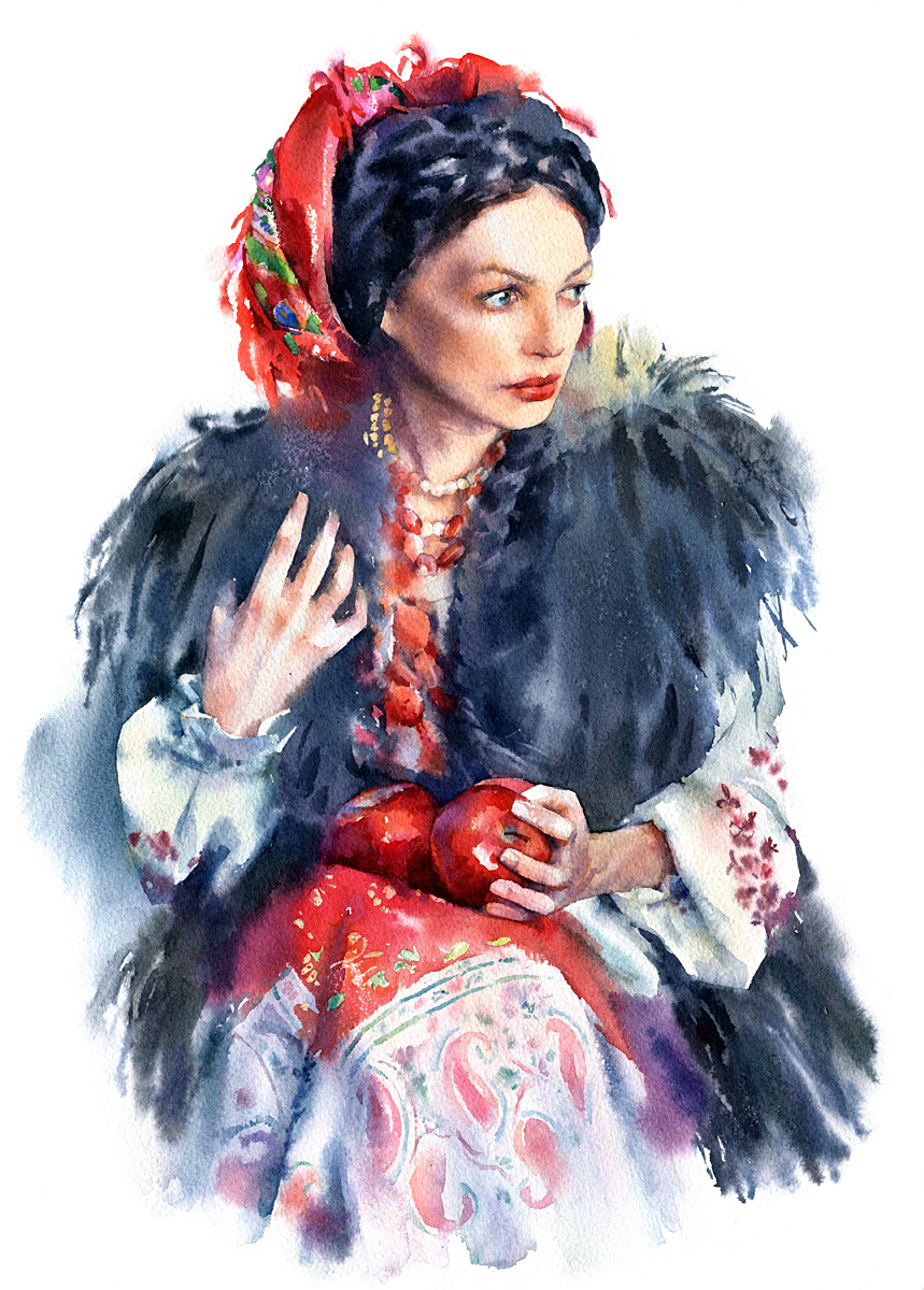 watercolor portrait woman folk Ethnic Embroidery apple winter ukraine