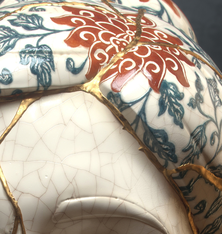 Kintsugi portrait ceramic sister woman sculpture pattern Precious gold japan