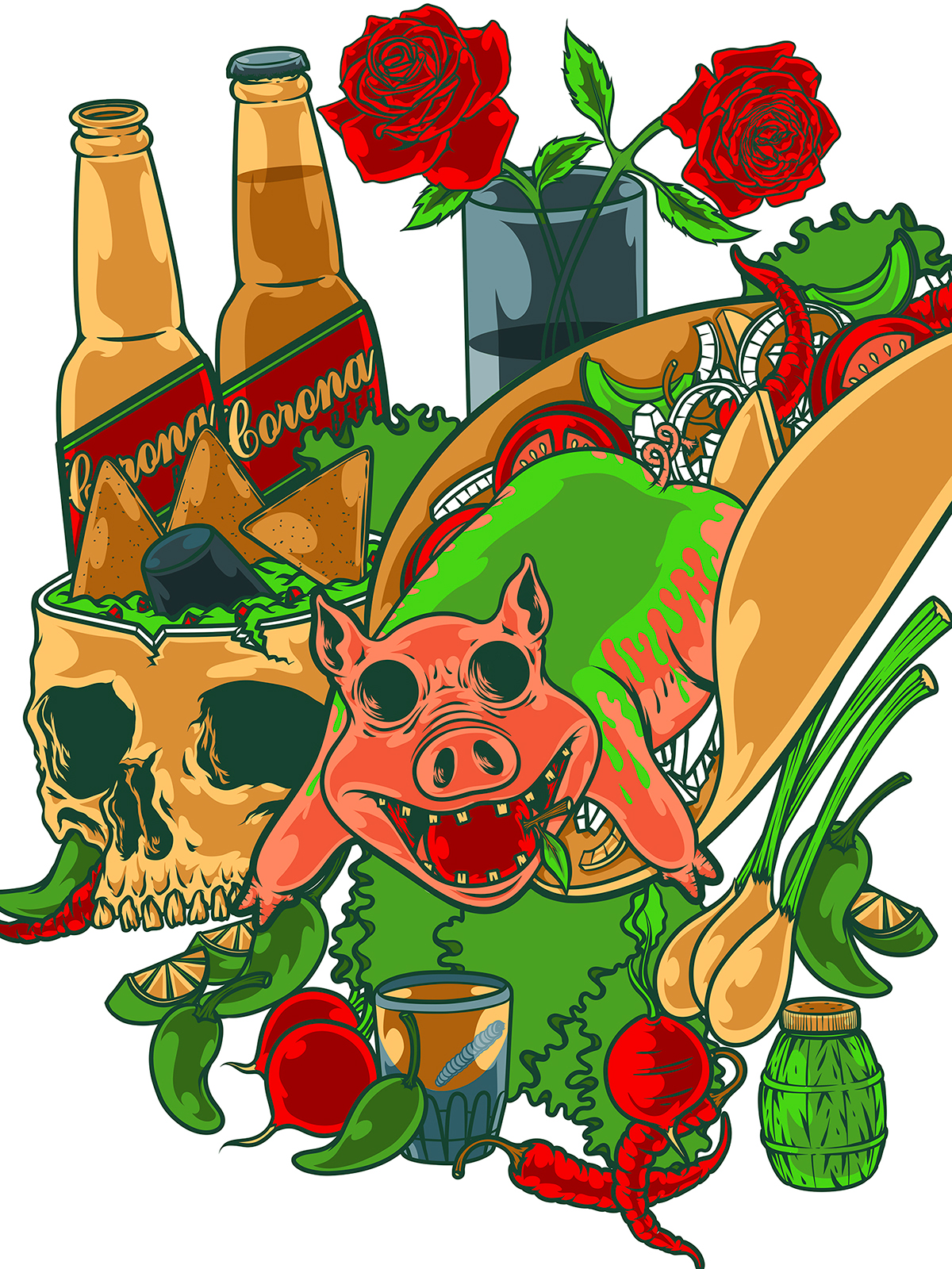 skull Mexican Food cochinita Tacos ilustracion mexico mezcal Roses corona beer