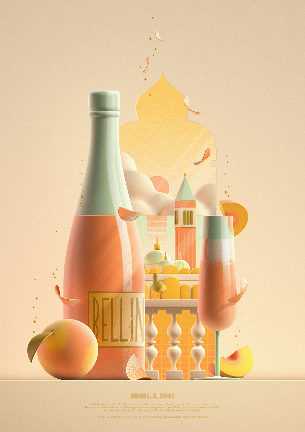 3D Illustrated poster about Bellini Cocktail and Venice.